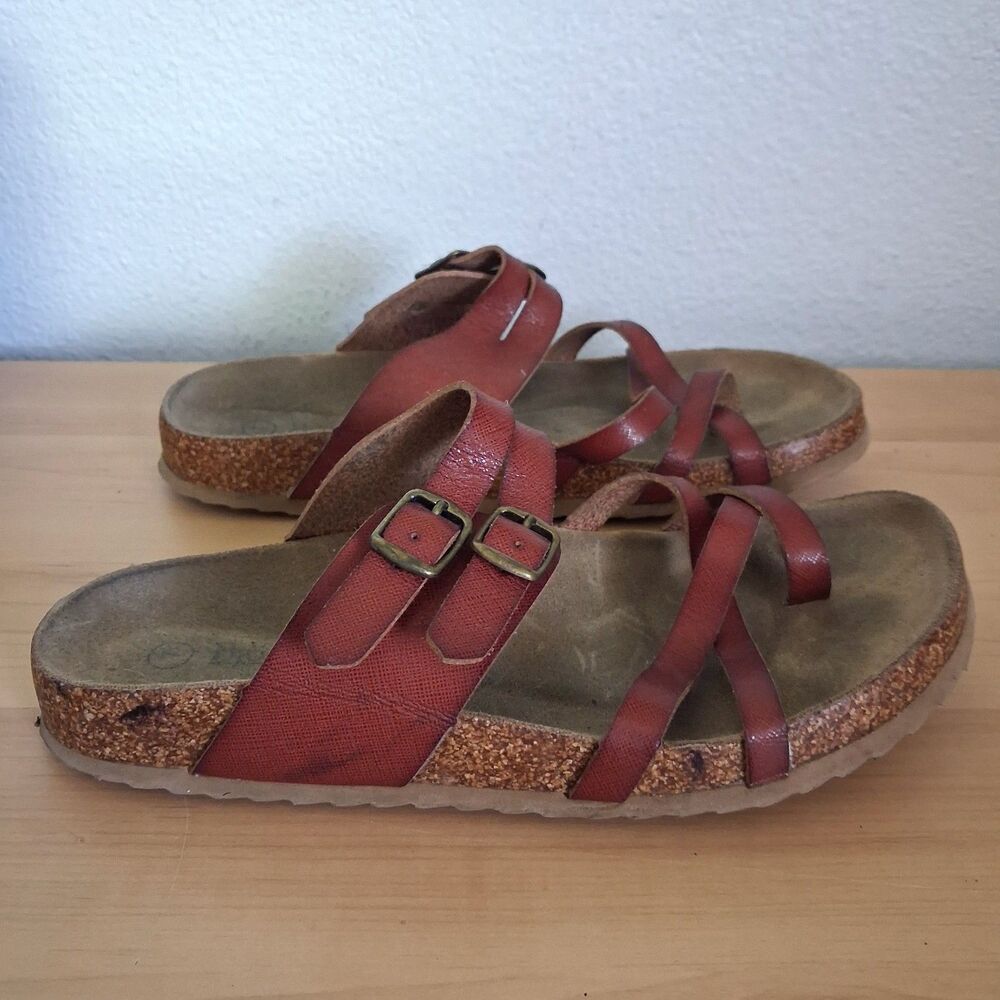 Bjorndal Sami Strappy Leather Sandal 2 Buckle Toe Loop Cork SZ 7 Cognac Brown